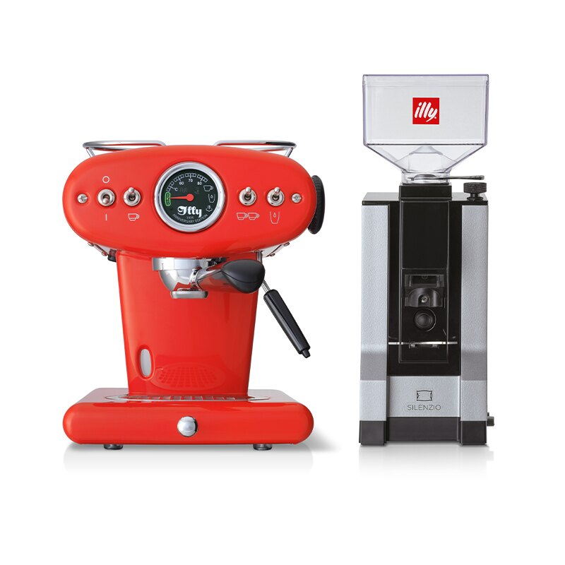 Set: Kaffeemaschine für Pads und gemahlenen Kaffee mit Kaffeemühle ROT - Yomia